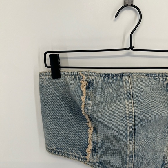 H&M Denim Strapless Frayed Seamed Rear Button Cropped Corset Top - Picture 2 of 6